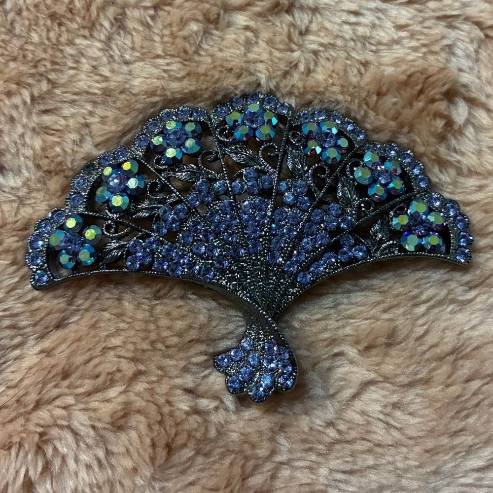 Vintage Kirks Folly Signed Folding‎ Fan Brooch Pin Lavender AB Rhinestones Black